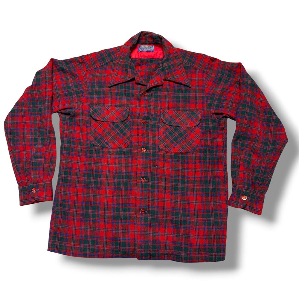 Vintage 60s Pendleton Wool Board Shirt Long Sleeve Red Turquoise Plaid MCM Sz M